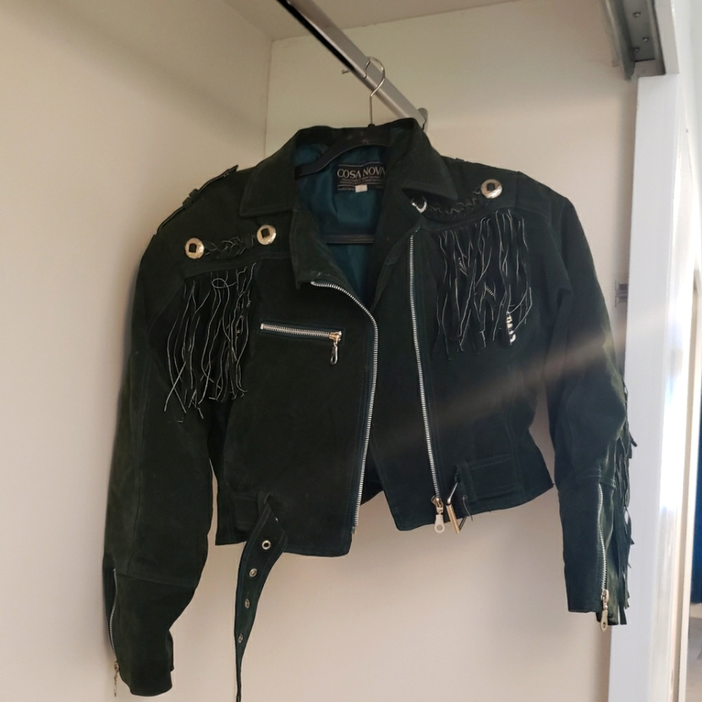 Vintage Forest Green Leather Fringe Motorcycle Jacket